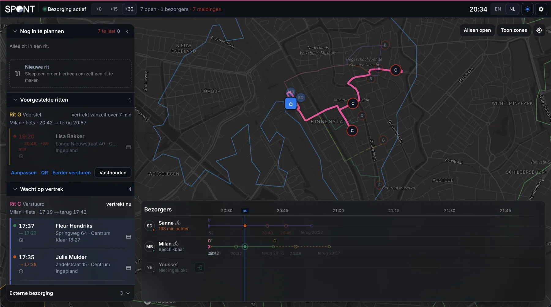 Spont Delivery op een laptop: ritten op de kaart van Utrecht met de fietsroute van rit C, voorgestelde ritten en een tijdlijn per bezorger