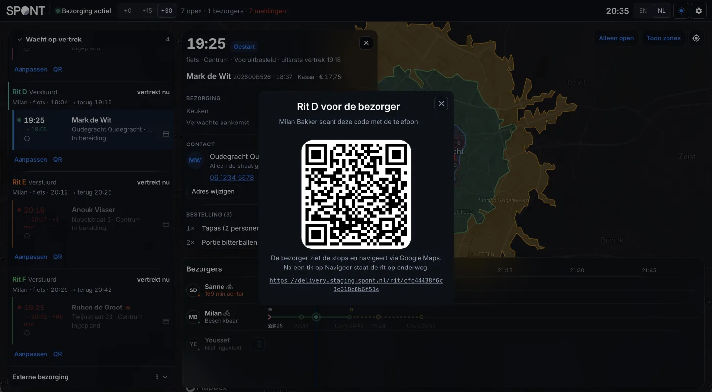 QR-code voor rit D in Spont Delivery: de bezorger scant hem met zijn telefoon, ziet de stops en navigeert via Google Maps