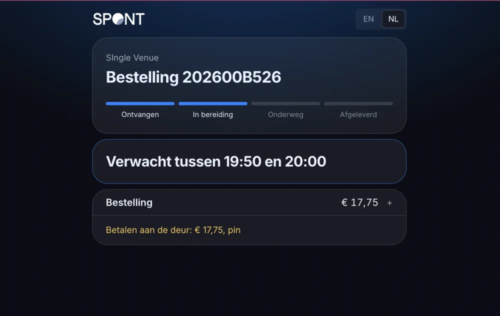 Volgpagina voor de gast: bestelling in bereiding, verwacht tussen 19:50 en 20:00, bedrag om aan de deur te pinnen